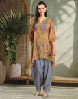 Paisley Printed Poly Georgette High-Low Kurta with Embroidery and Salwar