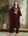 Zari Embroidered Viscose Blend Kurta Set with Palazzo & Lace Chiffon Dupatta