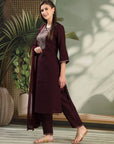 Zari Embroidered Viscose Blend Kurta Set with Palazzo & Lace Chiffon Dupatta