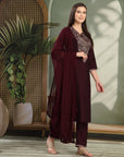 Zari Embroidered Viscose Blend Kurta Set with Palazzo & Lace Chiffon Dupatta