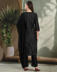 Zari Embroidered Viscose Kurta Set with Palazzo & Lace Chiffon Dupatta