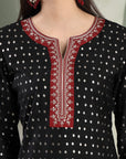 Zari Embroidered Viscose Kurta Set with Palazzo & Lace Chiffon Dupatta