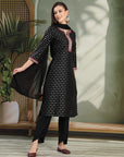 Zari Embroidered Viscose Kurta Set with Palazzo & Lace Chiffon Dupatta