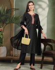 Zari Embroidered Viscose Kurta Set with Palazzo & Lace Chiffon Dupatta