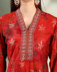 Abstract Printed Flared Modal Chanderi Kurta Set with Zari Embroidery and Lace Detailing