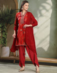 Abstract Printed Flared Modal Chanderi Kurta Set with Zari Embroidery and Lace Detailing