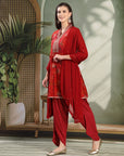 Abstract Printed Flared Modal Chanderi Kurta Set with Zari Embroidery and Lace Detailing