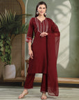 Moire Embroidered Kurta Set with Palazzo & Organza Dupatta