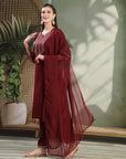 Moire Embroidered Kurta Set with Palazzo & Organza Dupatta