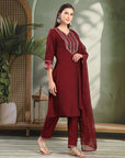 Moire Embroidered Kurta Set with Palazzo & Organza Dupatta