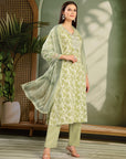 Floral Printed Kurta Set with Embroidered Yoke and Chiffon Dupatta