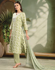 Floral Printed Kurta Set with Embroidered Yoke and Chiffon Dupatta