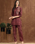 Burgundy Indo-Western Co-ord with Embroidered Shirt Collar Tunic & Printed Palazzo