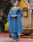 Zari Embroidered Modal Kurta Set with Organza Dupatta & Flared Sleeves
