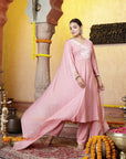 V-Neck Flared Kurta Set in Cotton Blend with Embroidered Yoke & Chiffon Dupatta