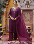 Poly Viscose Kurta Set with Zari Embroidery & Glass Neckline