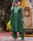 Art Silk Festive Kurta Set with Brocade Detailing, Palazzo & Lace-Edged Dupatta