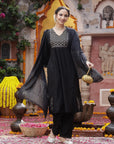 Silk Flared Kurta Set with Zari Embroidery & Solid Dupatta