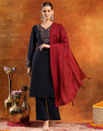Knitted Wool Kurta Set with Embroidery, Palazzo & Tasselled Chanderi Dupatta