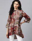 Printed High-Low Modal Chanderi Tunic with Floral Embroidery