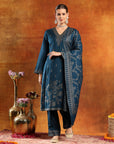 Calf-Length Jacquard Wool Kurta Set with Swarovski Detail & Dupatta