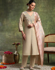 Cotton Linen Kurta Set with Ari Embroidery, Palazzo & Assam Silk Dupatta