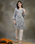Floral Printed Poly Viscose Kurti with Embroidered Yoke