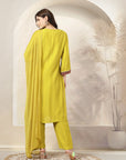 Self Dobby A-Line Poly Viscose Kurta Set with Lace Detailing & Dupatta