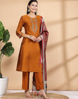 Solid A-Line Poly Silk Kurta, Palazzo & Printed Dupatta Set