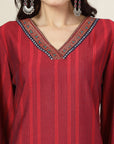 Self Dobby A-Line Poly Viscose Kurta Set with Lace Detailing & Dupatta