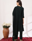 Solid Flared Poly Viscose Kurta Set with Embroidery & Chiffon Dupatta
