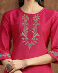 Solid A-Line Poly Silk Kurta, Palazzo & Printed Dupatta Set