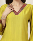 Self Dobby A-Line Poly Viscose Kurta Set with Lace Detailing & Dupatta