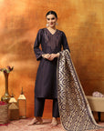 Art Silk Embroidered Kurta Set with Palazzo & Silk Dupatta