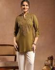 Olive Viscose Kurti with Mandarin Collar & Embroidered Yoke