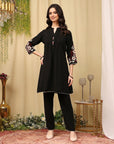 Pleated Crepe Kurta Set with Floral Embroidery & Lace-Hem Palazzo