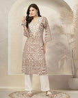 Patch Printed A-Line Cotton Cambric Kurta with Embroidery & Palazzo
