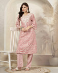 Patch Printed A-Line Cotton Cambric Kurta with Embroidery & Palazzo