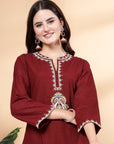 Floral Embroidered Straight Kurta Set with Lace-Detailed Palazzos