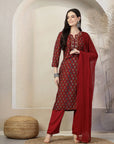Floral Printed Poly Viscose Kurta Set with Zari Embroidery & Dupatta