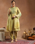 Tribal Printed Straight Kurta Set with Lace Detailing & Chiffon Dupatta