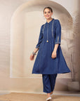 Solid A-Line Poly Viscose Kurta with Mandarin Collar & Embroidery