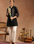 Solid A-Line Crepe Tunic with Thread Embroidery & Lace Detail