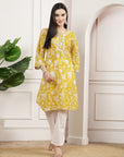 Floral Cotton Kurta Set with Button Placket & Lace-Detailed Palazzo Hem