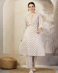 Abstract Printed A-Line Cotton Cambric Kurta with Embroidery & Palazzo