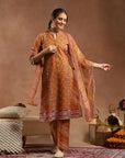 Floral Printed Silk Kurta Set with Sewroskie Work & Printed Dupatta