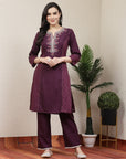 Solid A-Line Cotton Linen Kurta with Embroidery & Palazzo Set
