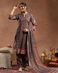 Floral Printed Silk Kurta Set with Sewroskie Work & Printed Dupatta
