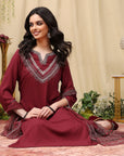 Thread Embroidered Rayon Kurta Set with Lace Sleeves & Printed Dupatta