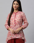 Floral Printed Longline Cotton Top with Mirror Embroidery
